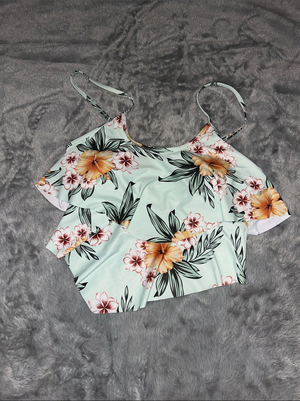 Floral Ruffle swim Top - Mint with Orange Bloom